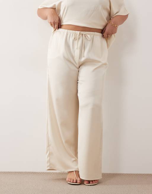 Pretty Lavish Curve - Pantalon d'ensemble ample en satin noué à la taille - Huître, 3 de 5