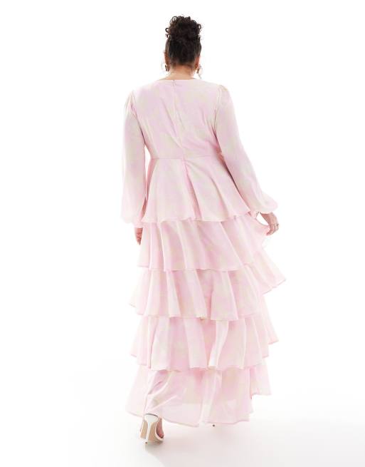 Pretty Lavish Curve - Pink maxikjole med flæser og blomstermønster, 3 af 4