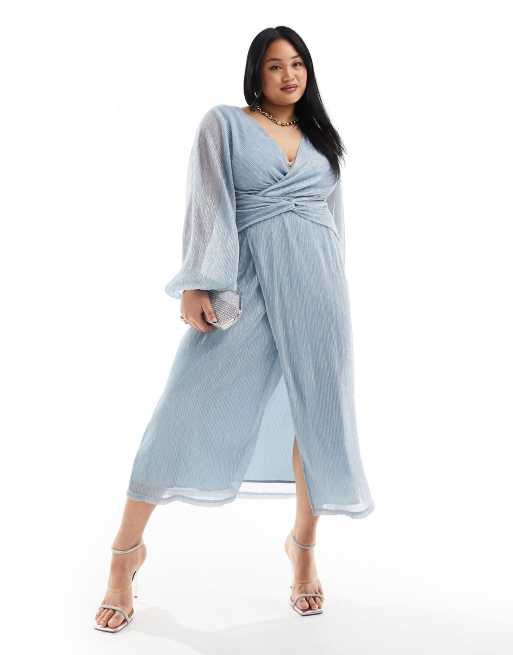 Pretty Lavish Curve - Plissé midaxi-jurk met geknoopte voorkant in metallic blauw