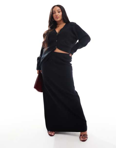 Pretty Lavish Curve rib knit maxi skirt co-ord in black - view 1