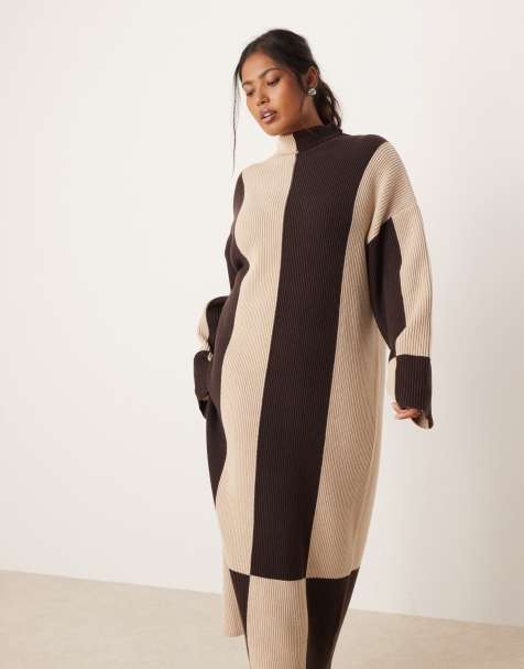 Pretty Lavish Curve rib knit spliced high neck sweater dress in chocolate and cream - view 1