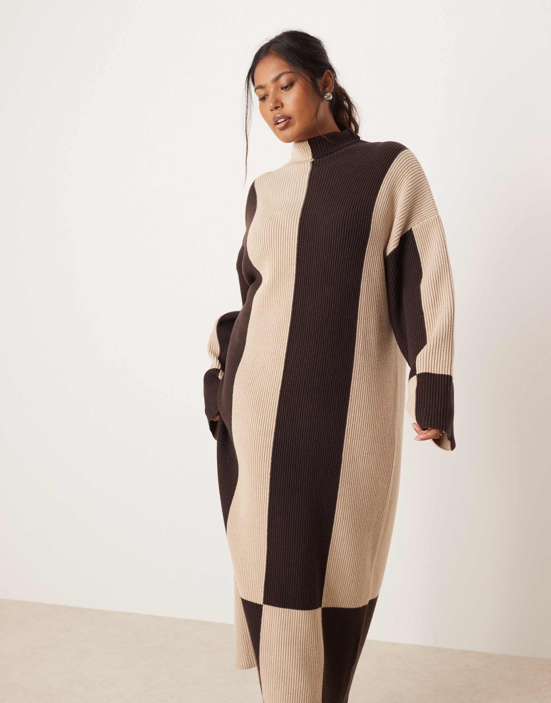 pretty lavish curve rib knit spliced high neck sweater dress in chocolate and cream