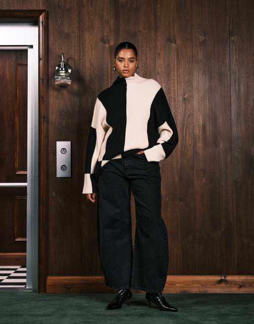 Pretty Lavish Curve rib knit spliced high neck sweater in cream