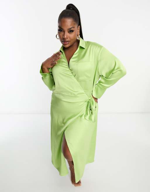 Pretty Lavish Curve Robe chemise mi longue coupe portefeuille Vert pomme