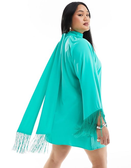Pretty Lavish Curve - Robe courte asymétrique à franges - Vert, 2 de 4