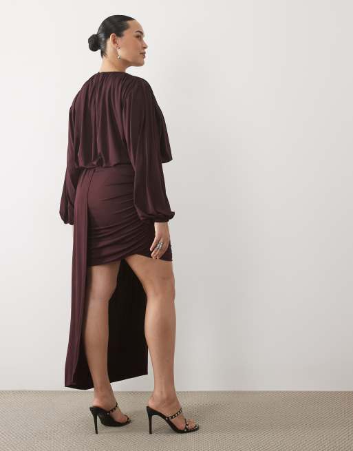 Pretty Lavish Curve robe courte en jersey à manches blouson avec détail écharpe drapée, couleur figue, 4 de 4