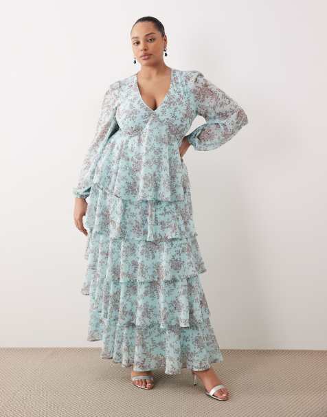 Pretty Lavish Curve - Robe longue à volants - Bleu fleuri - view 1