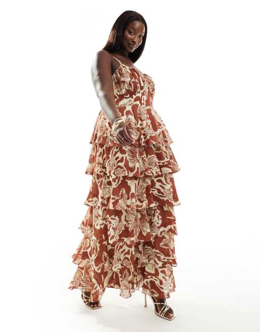 Pretty Lavish Curve Robe longue a volants etages avec buste fronce Marron fleuri ASOS