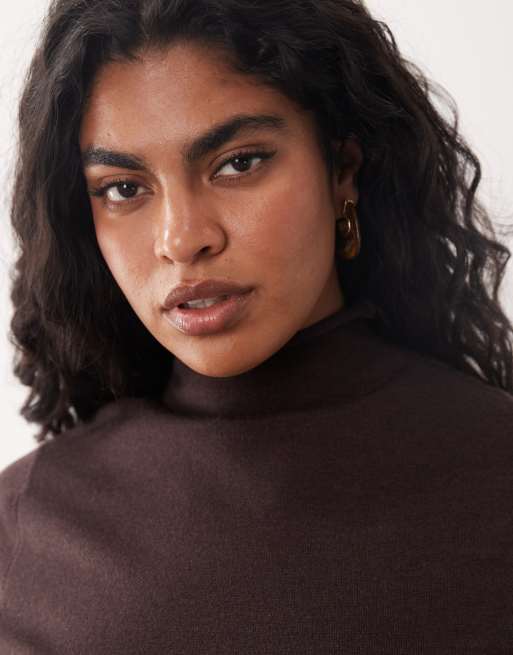 Pretty Lavish Curve robe longue en maille à col montant et manches courtes couleur chocolat, 3 de 4