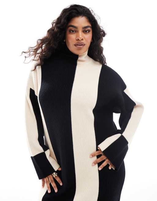 Pretty Lavish Curve - Robe longue en maille à col montant - Rayures noires et blanches, 3 de 4
