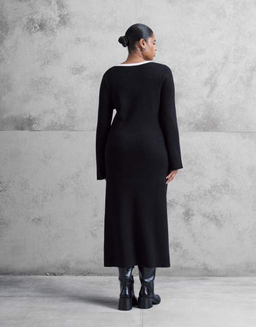Pretty Lavish Curve - Robe longue en maille avec col en V contrastant - Noir, 2 de 4