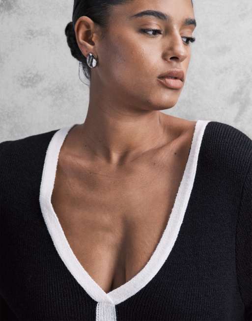 Pretty Lavish Curve - Robe longue en maille avec col en V contrastant - Noir, 4 de 4