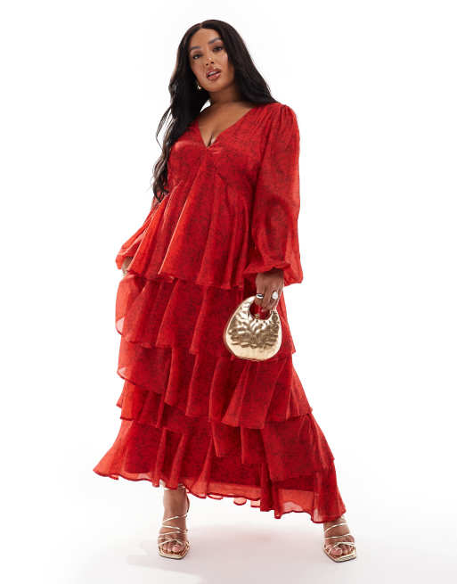 Pretty Lavish Curve - Robe longue étagée à manches longues - Rouge