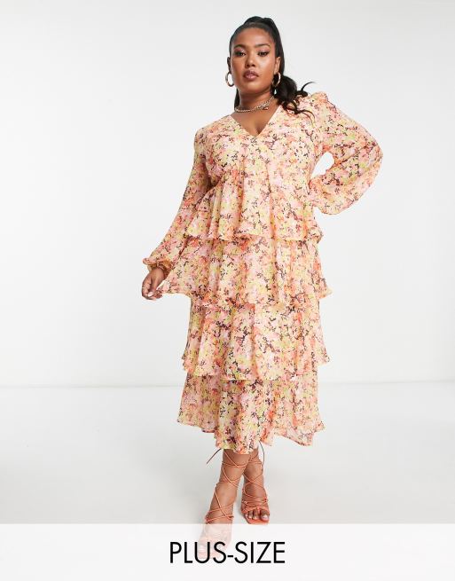Pretty Lavish Curve - Robe longueur mollet à volants et imprimé fleurs abstrait