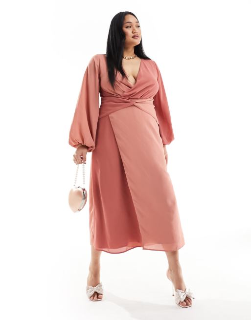 Pretty Lavish Curve - Robe longueur mollet contrastante avec nœud sur le devant - Terracotta, 3 de 4
