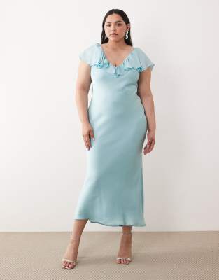 Robe longueur mollet en jacquard à volants - Bleu poudré 48