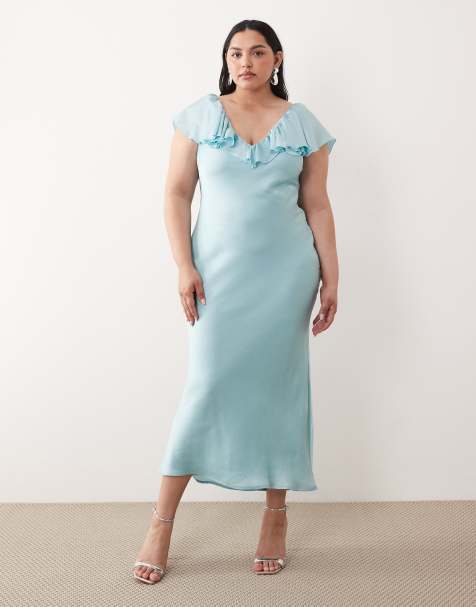 Pretty Lavish Curve - Robe longueur mollet en jacquard à volants - Bleu poudré - view 1