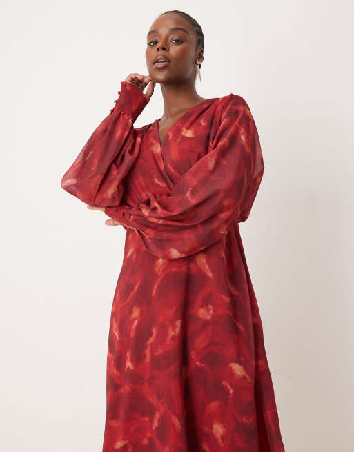 Pretty Lavish Curve - Robe longueur mollet imprimée à manches ballon - Rouge, 3 de 4