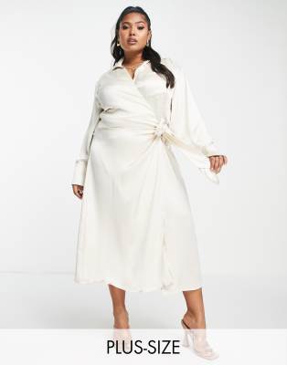 Pretty Lavish Curve Ronnie satin wrap midi dress in oyster - ASOS Price Checker