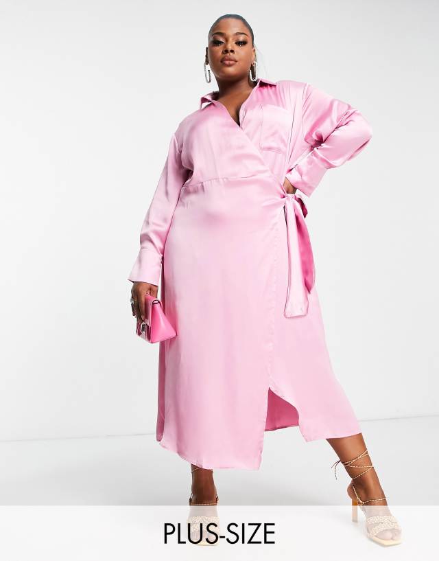 Pretty Lavish Curve Ronnie satin wrap midi dress in pink