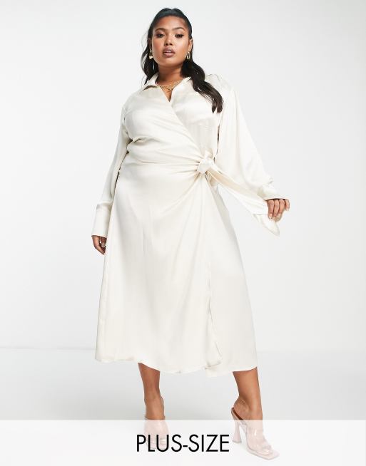 Pretty Lavish Curve - Ronnie - Vestito midi a portafoglio in raso color ostrica