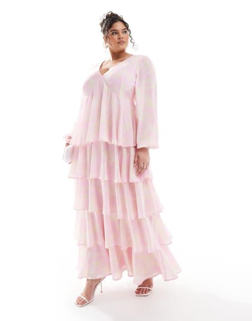 Pretty Lavish Curve – Różowa sukienka maxi z falbanką w kwiatowy wzór
