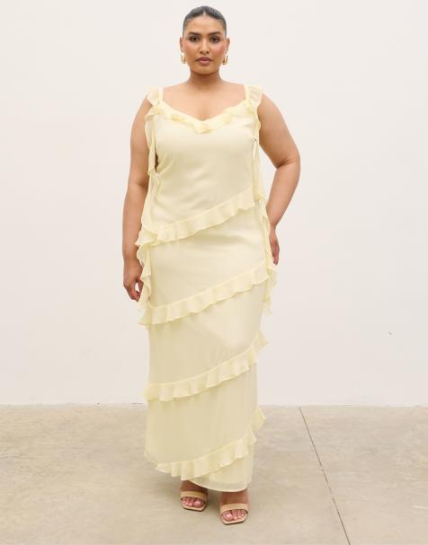 Pretty Lavish Curve Rue chiffon ruffle trim draped detailing midaxi dress in lemon - view 1