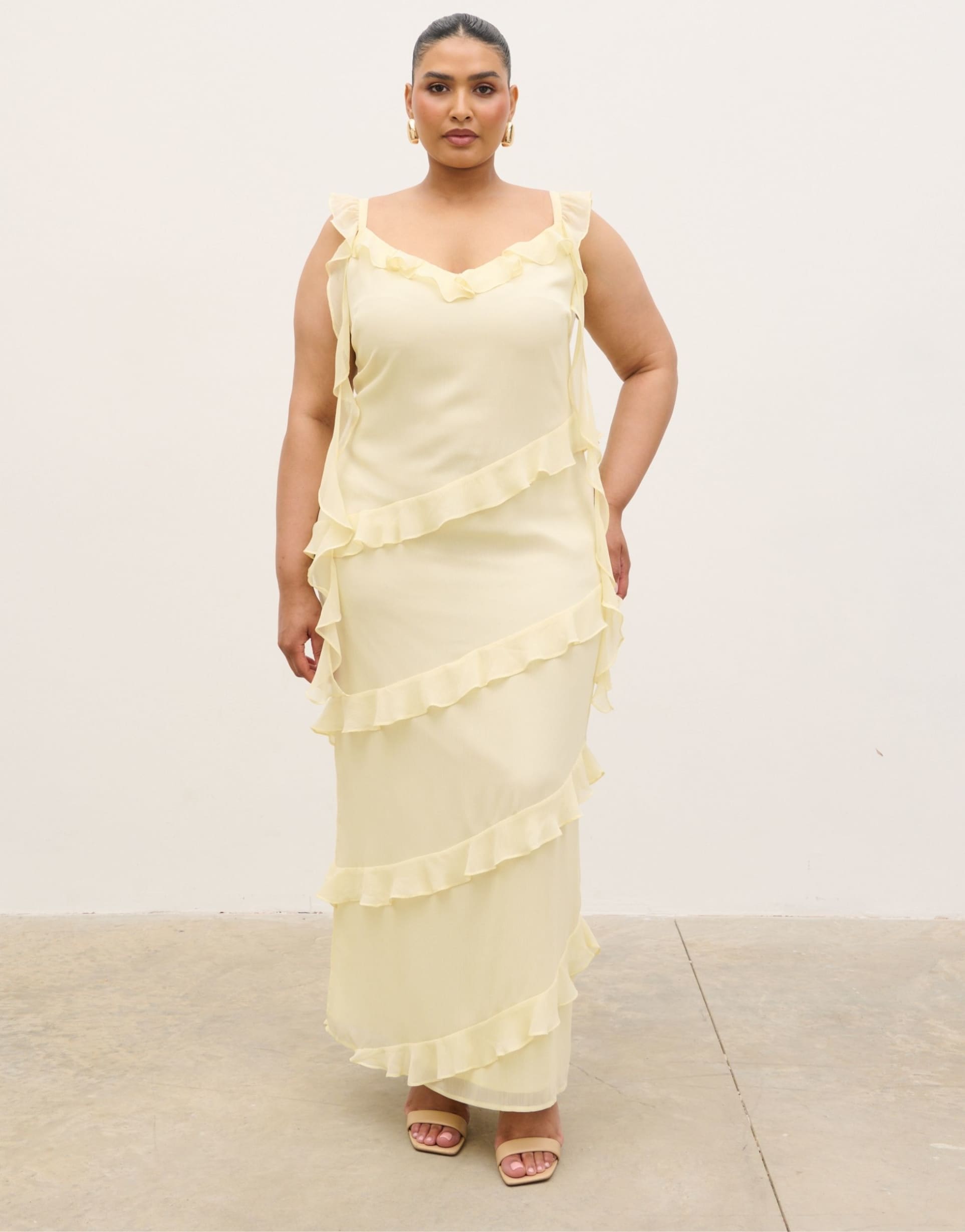 pretty lavish curve rue chiffon ruffle trim draped detailing midaxi dress in lemon