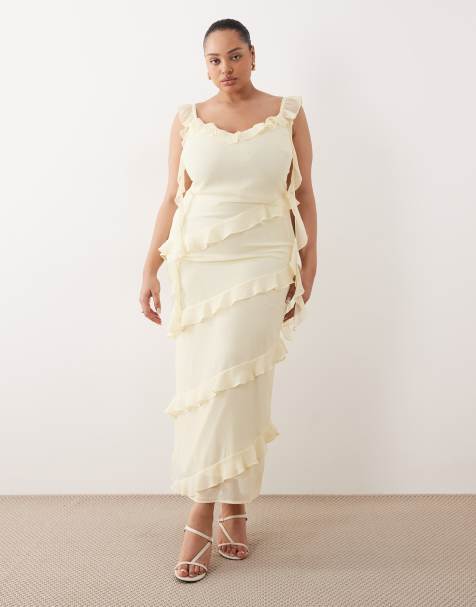 Pretty Lavish Curve – Rue – Cytrynowa szyfonowa sukienka maxi z falbankami i drapowaniem - view 1