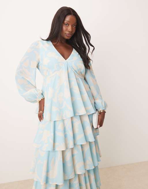 Pretty Lavish Curve ruffle maxi dress in blue floral
