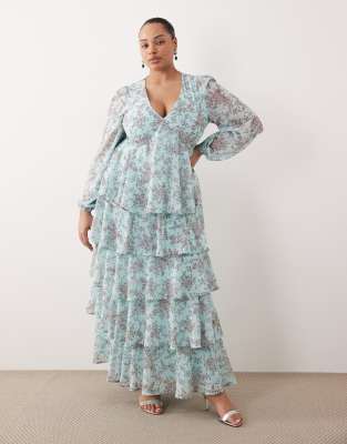Pretty Lavish Curve ruffle maxi dress in blue floral