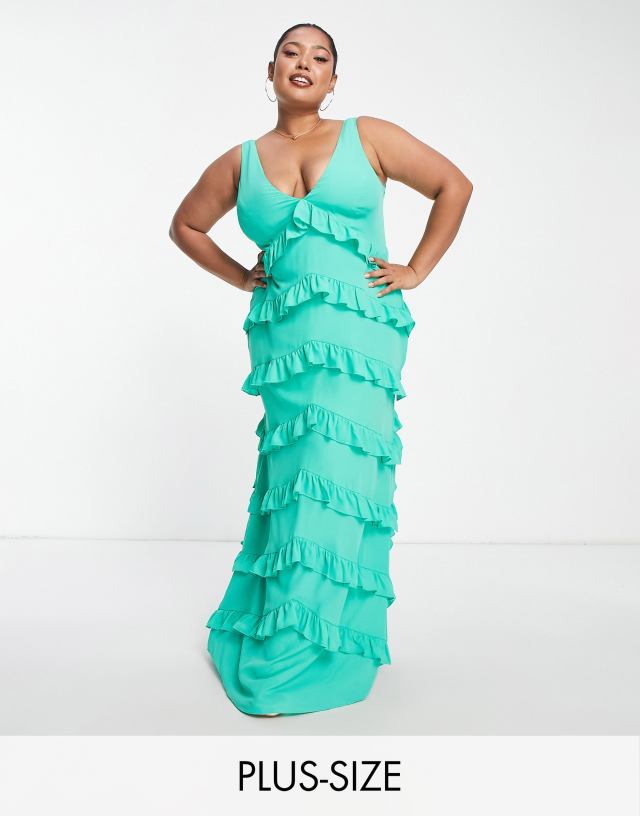 Pretty Lavish Curve - ruffle maxi dress in emerald green