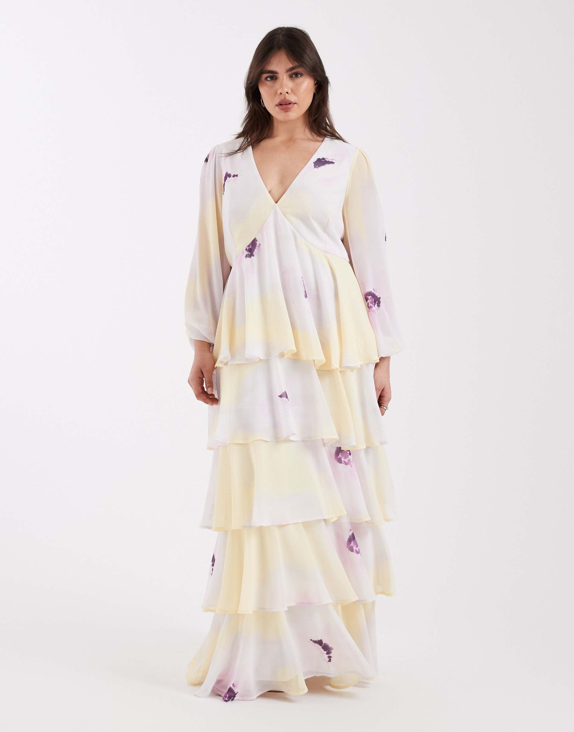 pretty lavish curve ruffle maxi dress in lilac and yellow floral