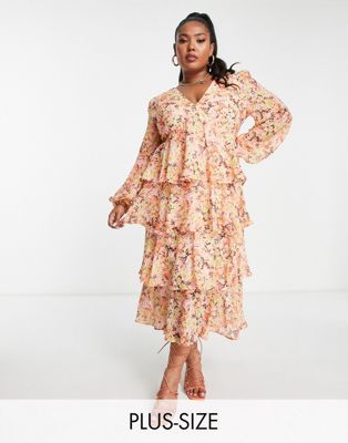 Pretty Lavish Curve ruffle midaxi dress in abstract floral - ASOS Price Checker