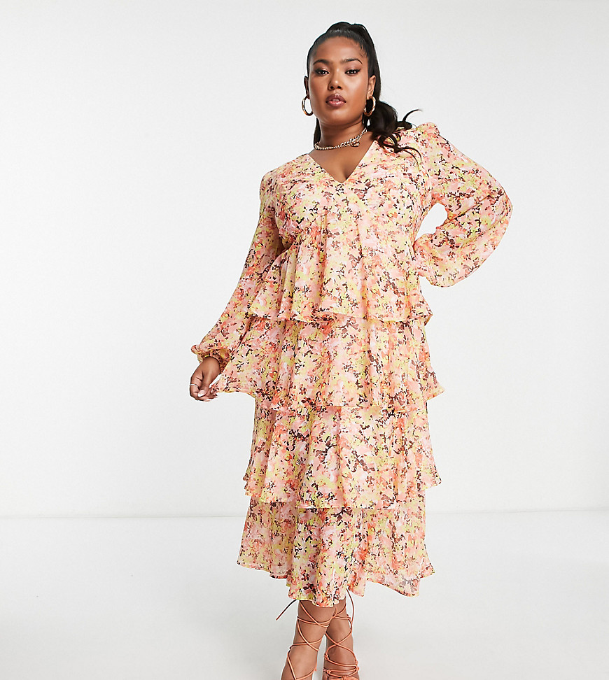Plus-size dress by Pretty Lavish This dress + you = perfect match V-neck Long sleeves Ruffle skirt Regular fit