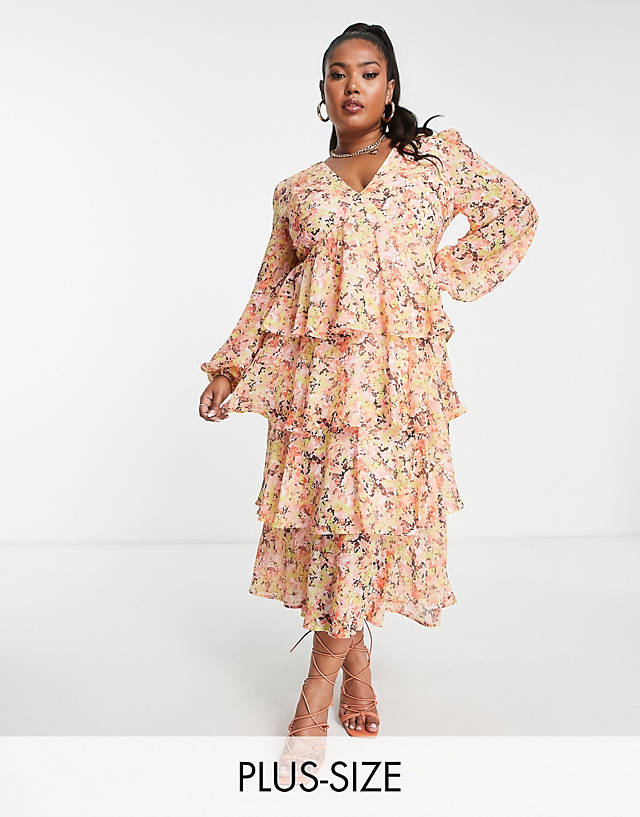 Pretty Lavish Curve - ruffle midaxi dress in abstract floral
