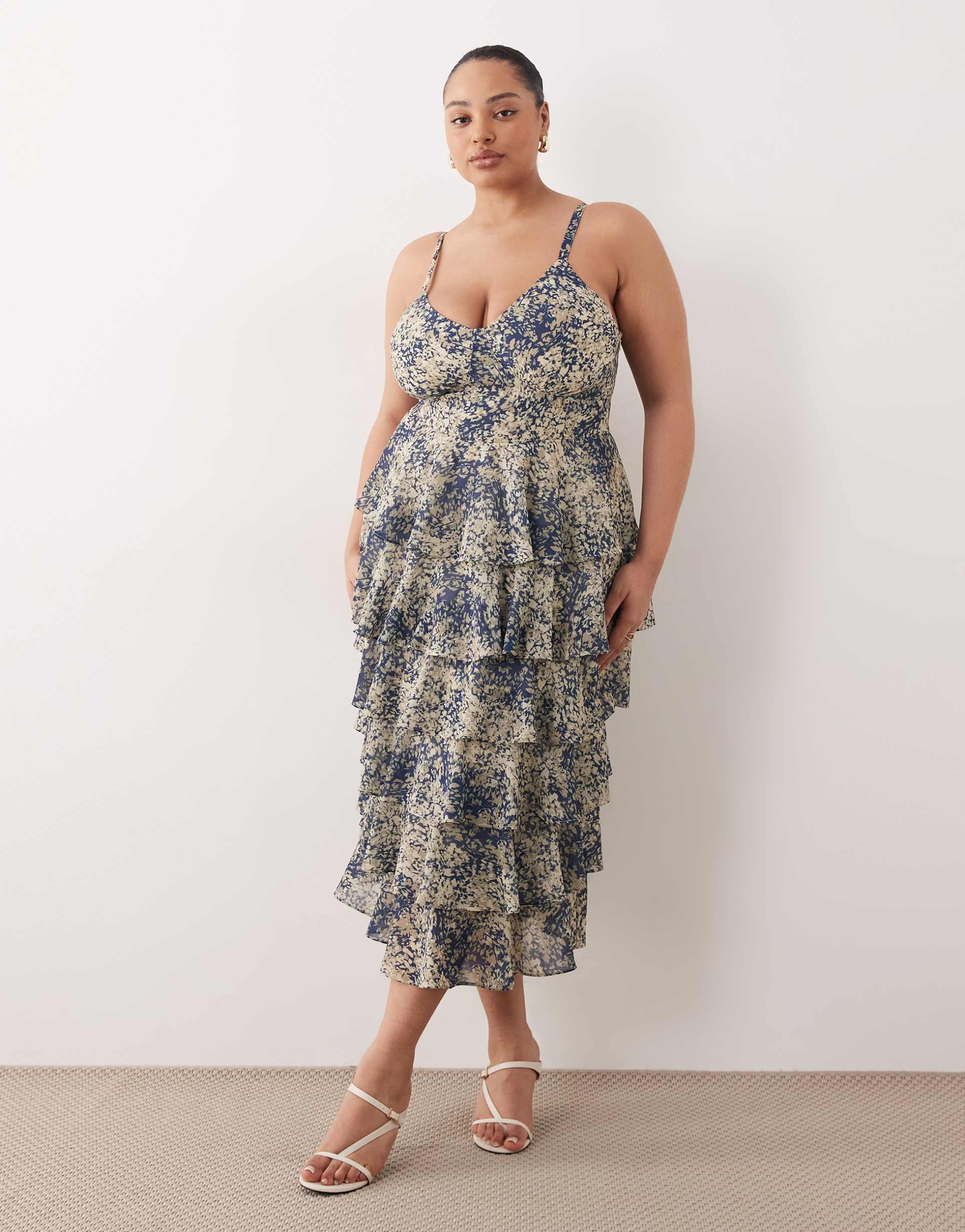 pretty lavish curve ruffle midaxi dress in navy abstract print