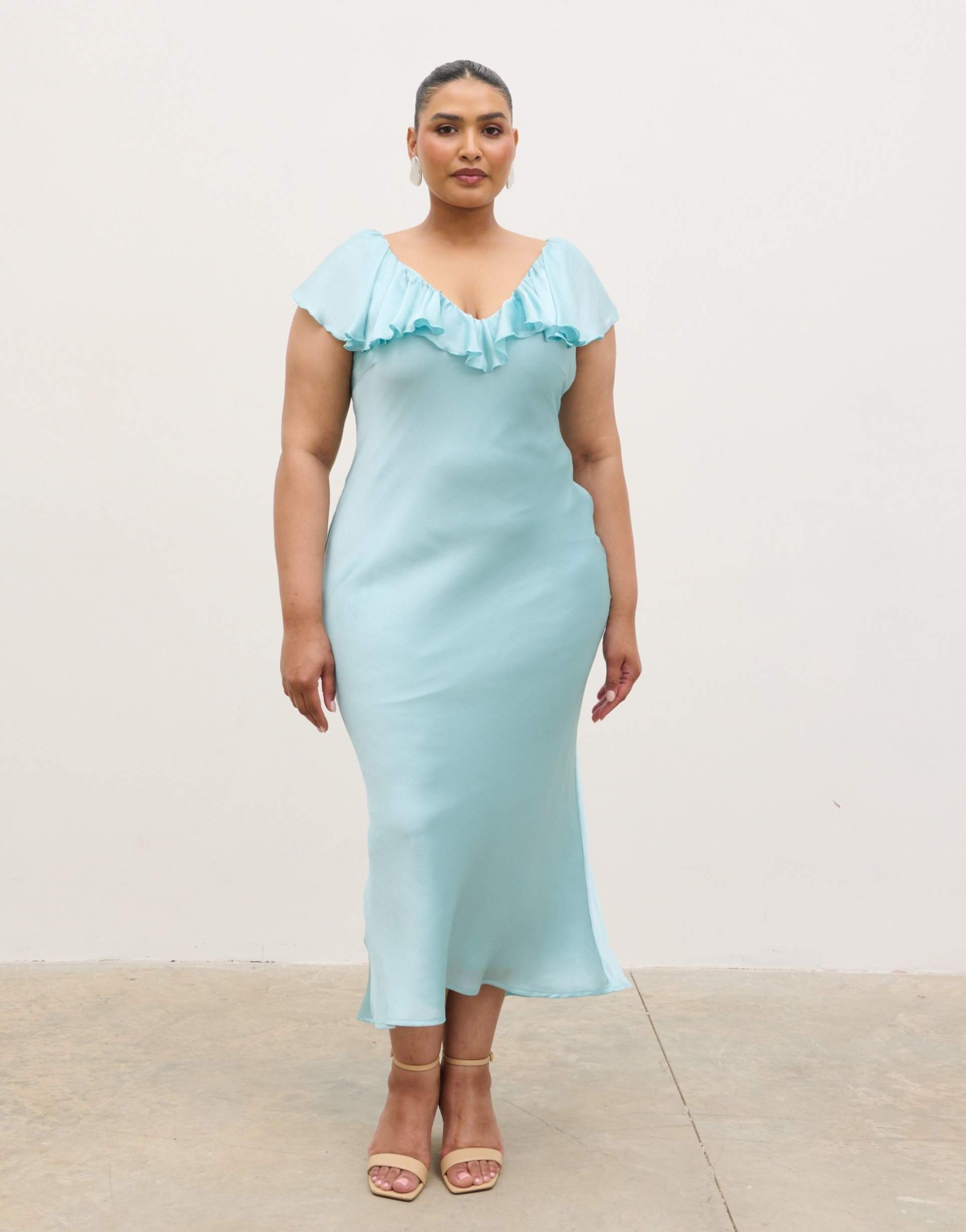 pretty lavish curve ruffle midi dress in powder blue