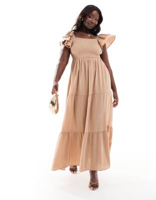 ruffle sleeve shirred maxi dress in biscuit-Brown