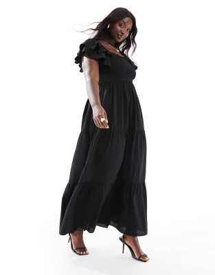 ruffle sleeve shirred maxi dress in black