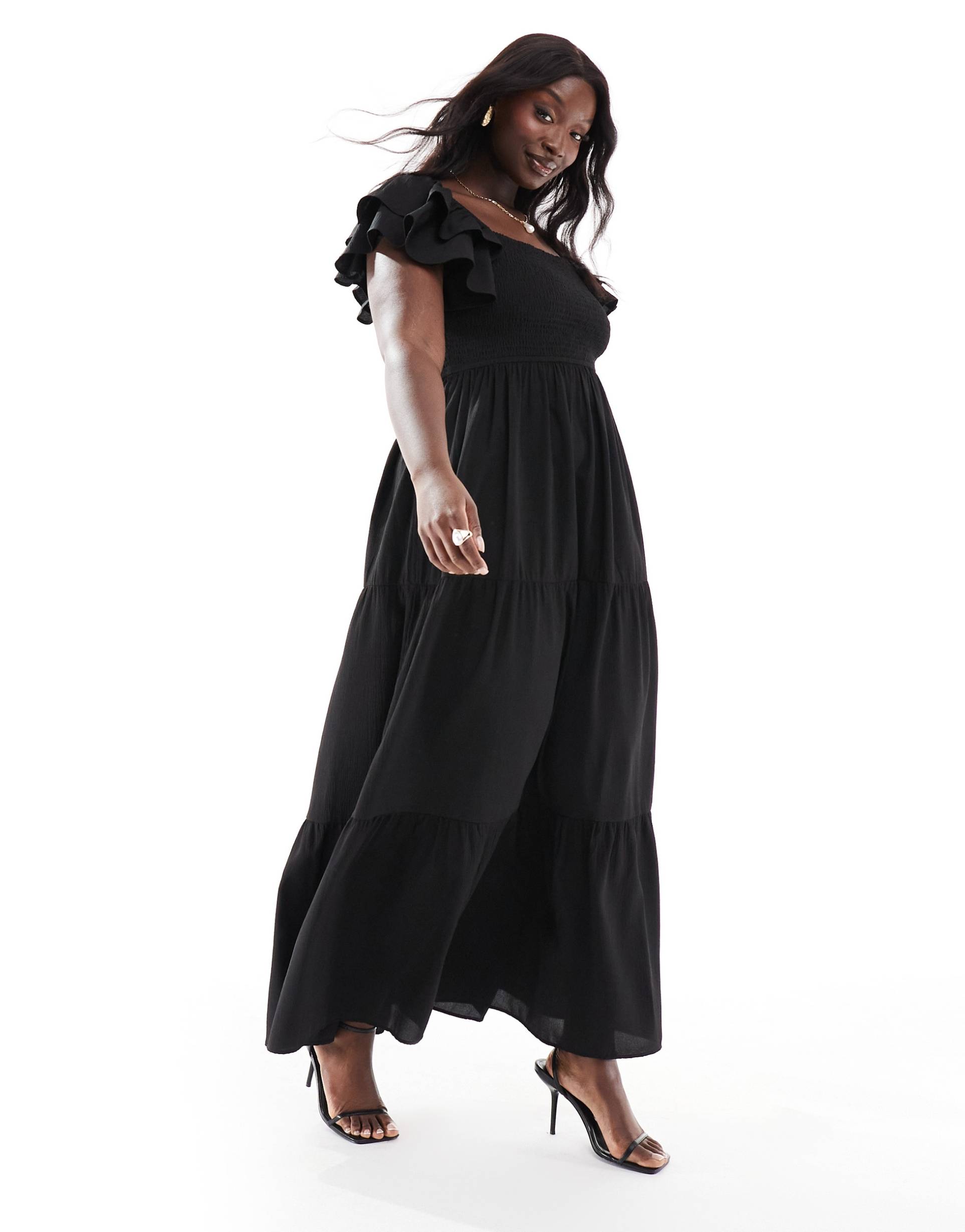 pretty lavish curve ruffle sleeve shirred maxi dress in black