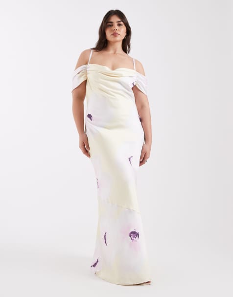 Pretty Lavish Curve satin cami cold shoulder maxi dress in lilac and yellow floral - view 1