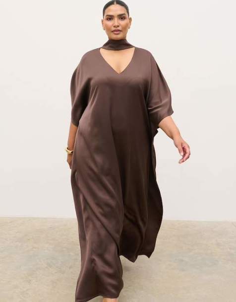 Pretty Lavish Curve satin choker detail full maxi dress in chocolate - view 1