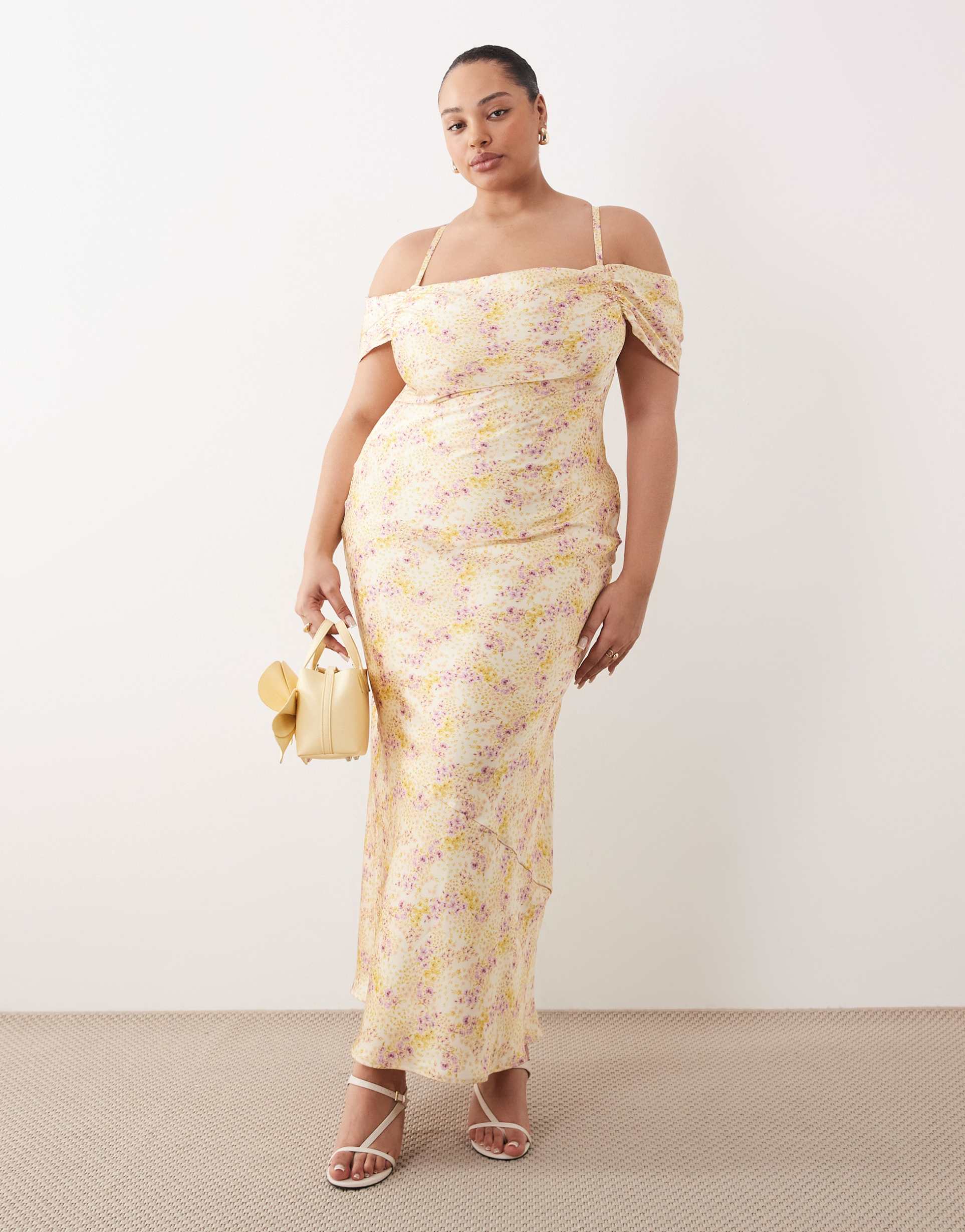 pretty lavish curve satin cowl neck cold shoulders maxi slip dress in yellow delicate floral print