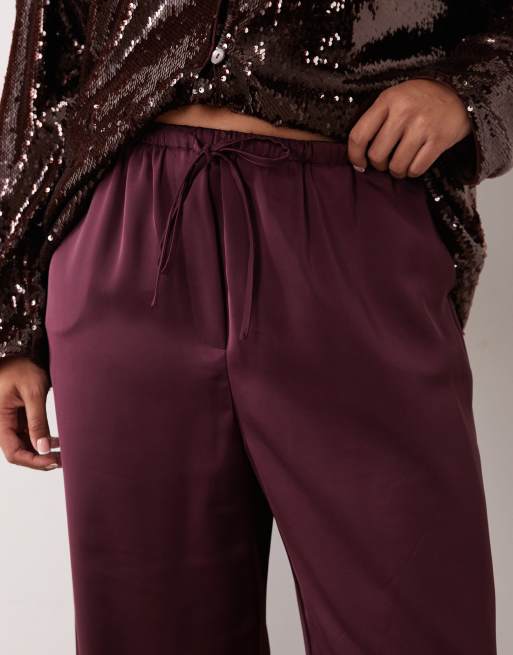 Pretty Lavish Curve satin drawstring wide leg pants in fig, 3 of 5