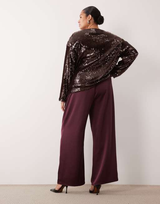 Pretty Lavish Curve satin drawstring wide leg pants in fig, 4 of 5