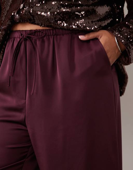 Pretty Lavish Curve satin drawstring wide leg pants in fig, 5 of 5