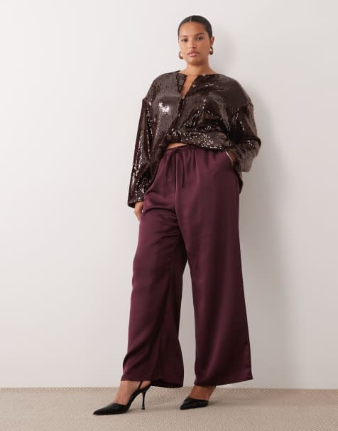 Pretty Lavish Curve satin drawstring wide leg trousers in fig - view 1