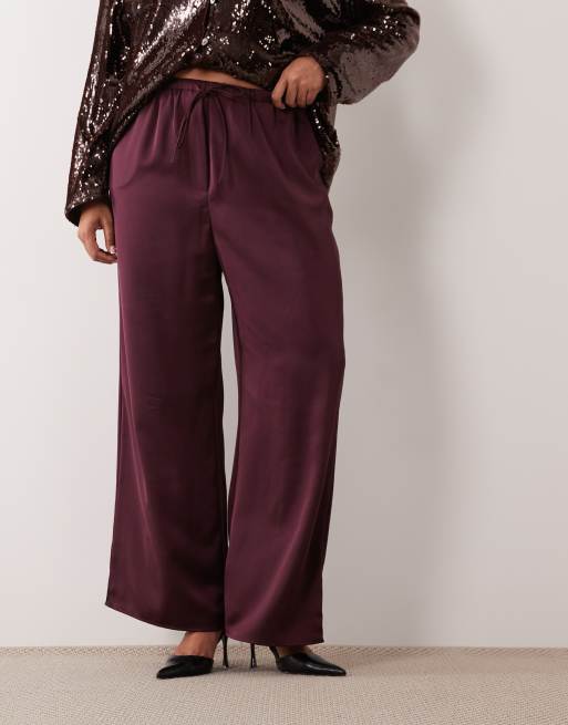 Pretty Lavish Curve satin drawstring wide leg trousers in fig, 2 of 5
