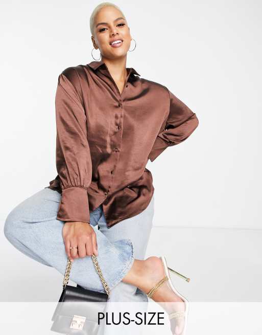Pretty Lavish Curve satin shirt co-ord in chocolate brown